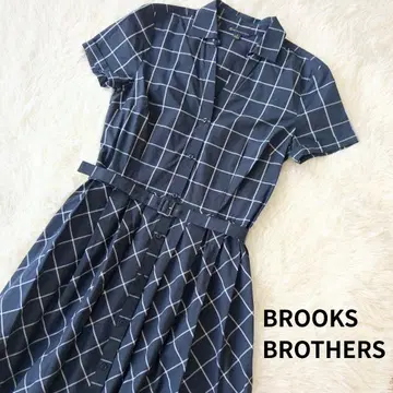 BROOKS BROTHERS 반팔 원피스 체크 무늬 네이비 벨트 포함