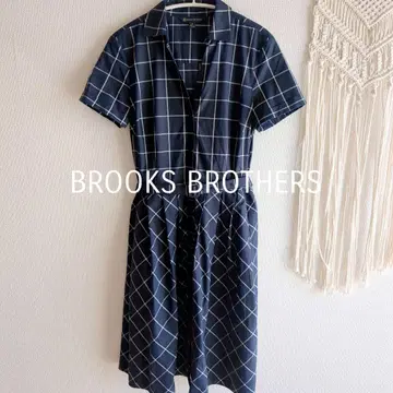 BROOKS BROTHERS 반팔 원피스 체크 무늬 네이비 벨트 포함