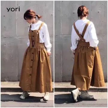 새상품급 yori 살로펫 치노 오버롤 스커트 원피스 카멜 봄/가을