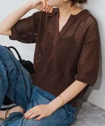 메쉬 폴로 셔츠 하프 슬리브 니트