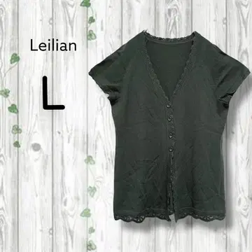leilian 레리안 열쇠 장식 반팔 가디건 V넥 울 버튼 짙은 녹색