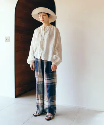 URBAN RESEARCH DOORS 린넨 체크 이지 팬츠