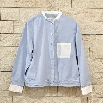 면 100% 셔츠 원단 블루종 노카라 자켓 라이트 블루