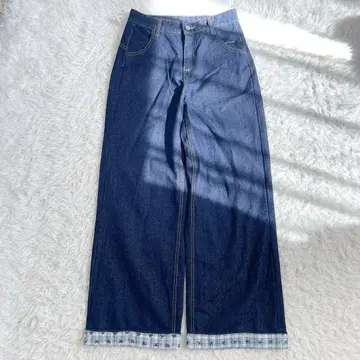 다크 네이비 여성용 와이드 데님 팬츠 롤업 디자인 리본 L