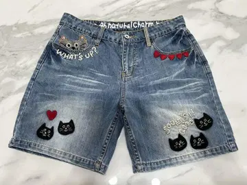 고양이 자수 데님 숏 팬츠