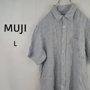 MUJI/무인양품 반팔 셔츠 L 블루 스트라이프 린넨 100%