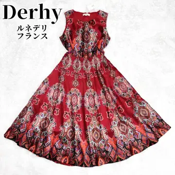 미사용 Derhy 페이즐리 A 라인 플레어 레드 롱 원피스