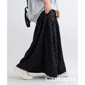 antiqua 안티카 성숙/러블리 도트 무늬 롱 개더 스커트 블랙