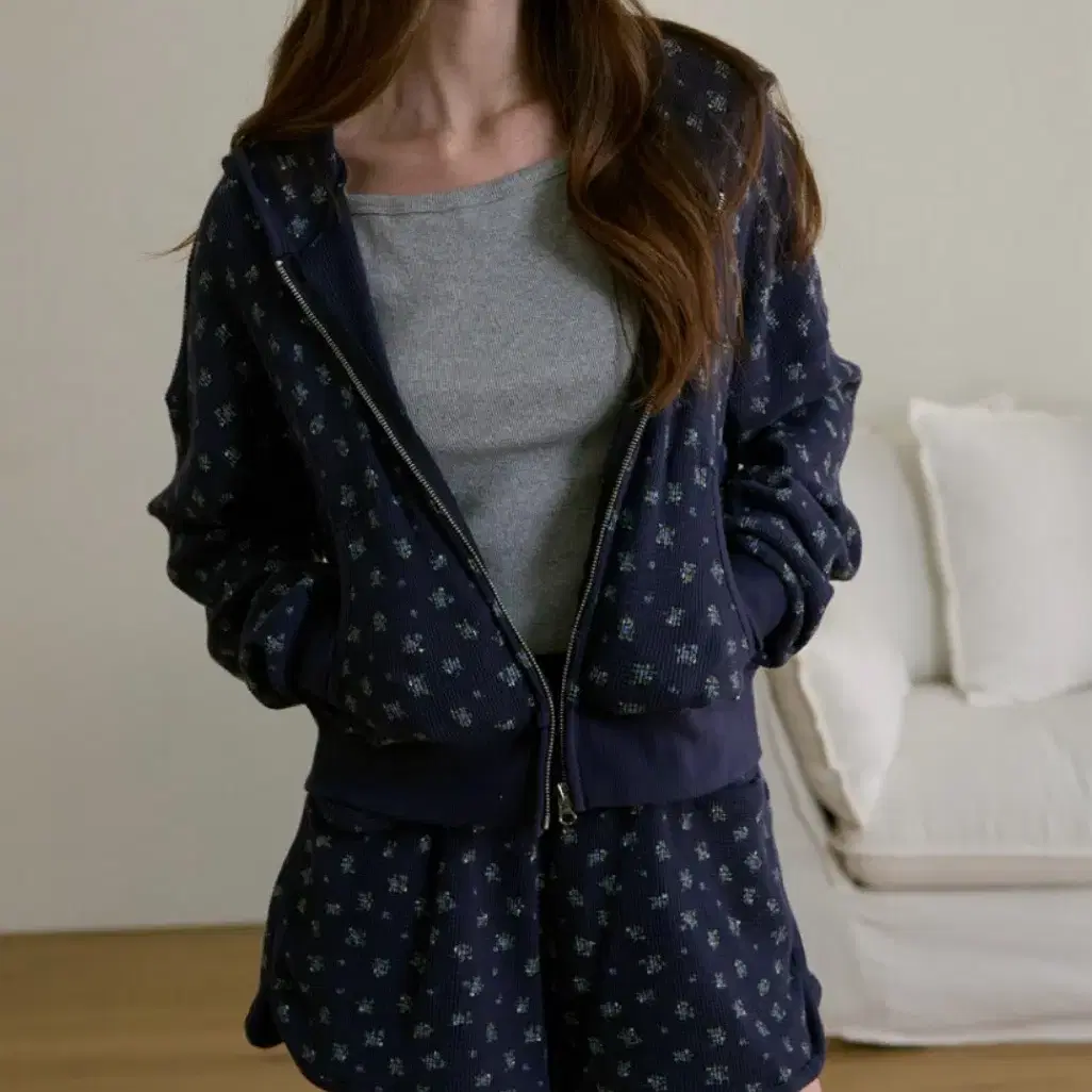 Letter From Moon Andy Flower Waffle Hoodie Zip-Up Shorts Set