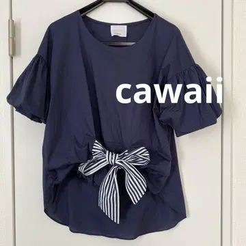 cawaii 리본 포함 퍼프 슬리브 소매 네이비 탑 반팔