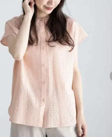 어반 리서치 써니 라벨 밴드 카라 코튼 레이스 셔츠 핑크