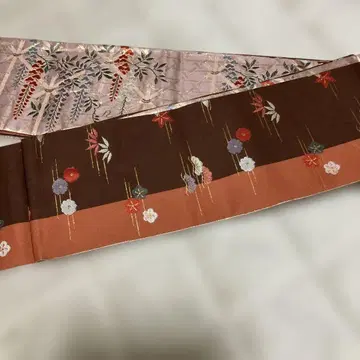 꽃무늬 자수 반폭 오비 브라운 핑크