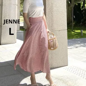 JENNE 제네 셔링 깅엄 플레어 스커트 레드 L 롱