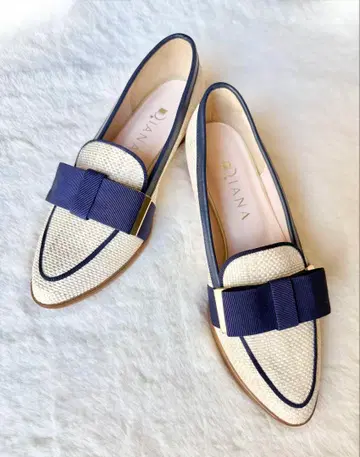 다이애나 플랫 슈즈 아이보리 파나마 키지 네이비 그로그랭