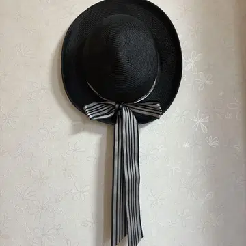 IKUKO 블랙 밀짚모자 스트라이프 리본