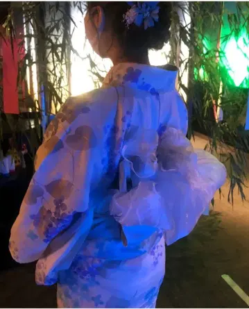 파란색 꽃무늬 유카타, 연한 파란색 오비 세트