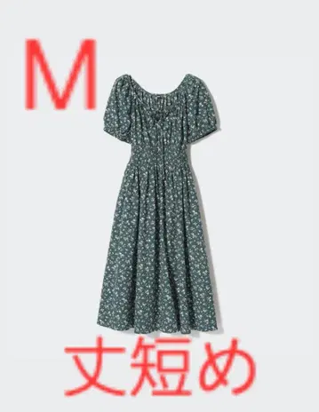 유니클로 볼륨 슬리브 원피스 M 짧은 기장 그린 꽃무늬