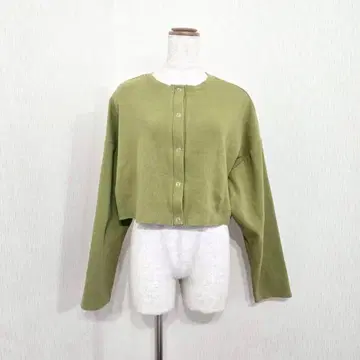 소매 넉넉한 가디건 숏 기장 그린 계열 스트레치 면 무지 L