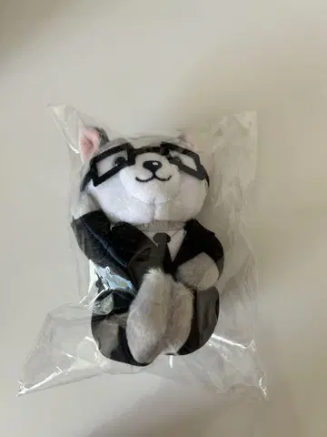 안경을 쓴 흰색 개 봉제 인형