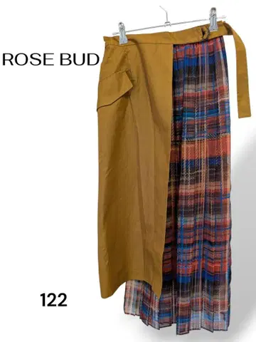 ROSE BUD 플리츠 비대칭 롱 스커트 체크 무늬 오렌지
