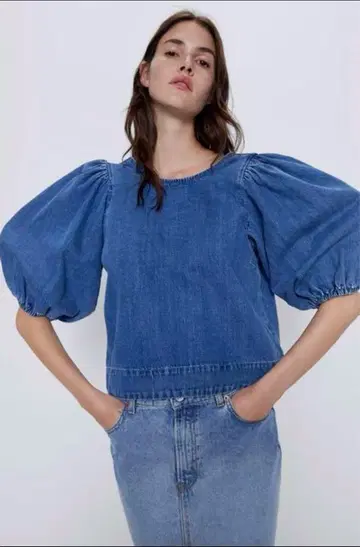 미사용 ZARA 자라 데님 벌룬 슬리브 반팔 상의 퍼프 슬리브