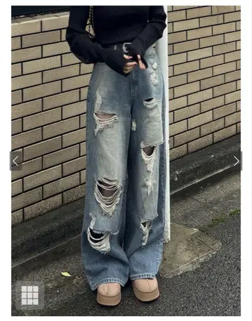 GRL 데미지 컷 루즈 데님 팬츠 [cu525] L