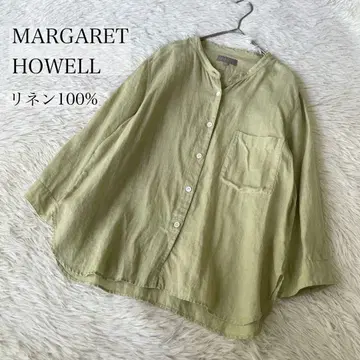 MARGARET HOWELL 린넨 100% 밴드 카라 셔츠 그린