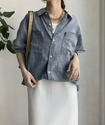 DOUDOU 시어 데님 셔츠 색스 블루