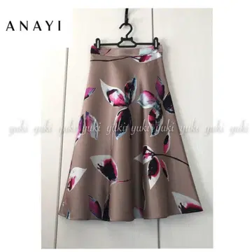 ANAYI 새틴 빅 플라워 프린트 플레어 스커트