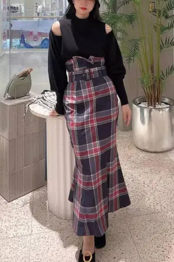 SNIDEL 벨티드 머메이드 스커트 체크 무늬