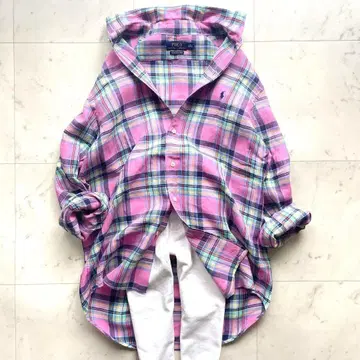 폴로 랄프로렌 마드라스 체크 핑크 린넨 린넨 셔츠 세탁 가능