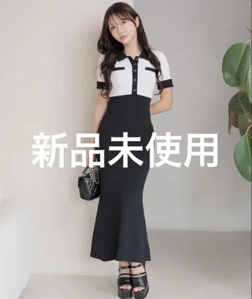 LIPSERVICE 프론트 버튼 바이컬러 머메이드 원피스 블랙