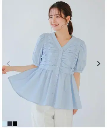 핏 모어 개더 퍼프 슬리브 블라우스 블루