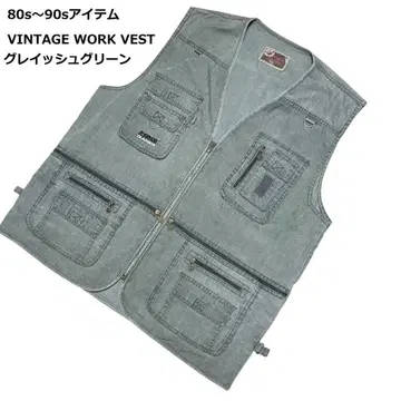 90s 빈티지 워크 베스트 3XL 그레이쉬 그린 데님