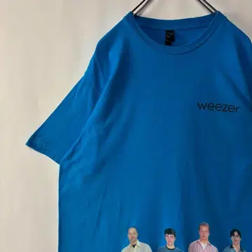 위저 프린트 티셔츠 밴딩 티셔츠 블루 L 사이즈 구제 의류 Weezer