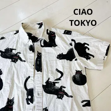 CIAO TOKYO M 검은 고양이 올 패턴 반팔 셔츠 일본제