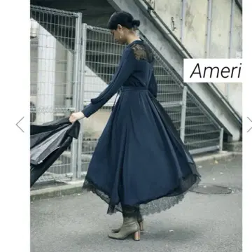Ameri 아메리 플리츠 레이스 비대칭 드레스 롱 원피스