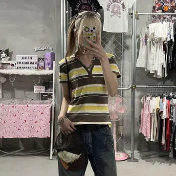 아디다스 아디다스 강렬한 귀여움 피케 셔츠 보더 y2k 피치 T
