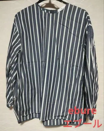 ebure 에부르 블루 스트라이프 밴드 카라 셔츠 벌룬 슬리브