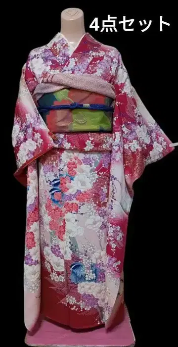 순수 실크 후리소데, 오비, 오비 장식 천, 오비 끈 4종 세트, 성인식
