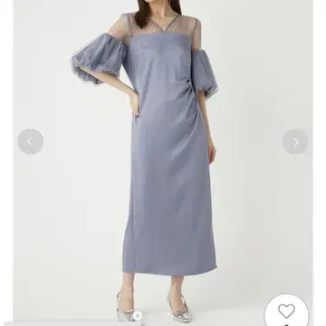얇은 명주 그물 콤비 퍼프 슬리브 드레스