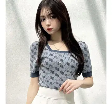 RESEXXY 라메 자카드 로고 니트 탑 블루