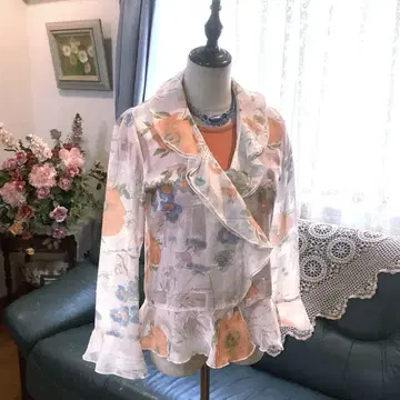 플라워 프린트 더블 프릴 칼라 페플럼 프릴 소매 자켓