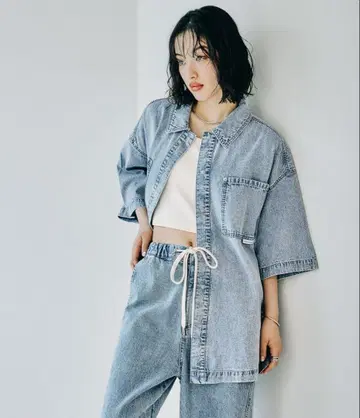 LEPSIM BIG 데님 5부 소매 셔츠 튜닉 케미컬 인디고 84