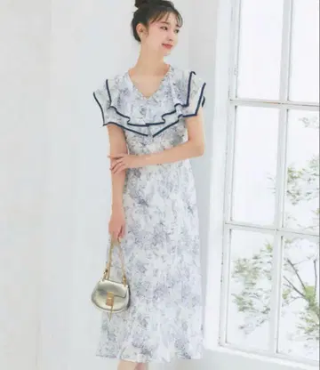 빅 컬러 플라워 토르도 주이 프린트 플리츠 원피스 #20 네이비