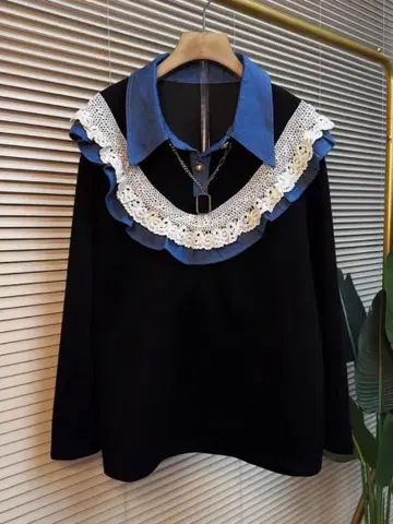 데님 레이스 프릴 옷깃 긴팔 셔츠
