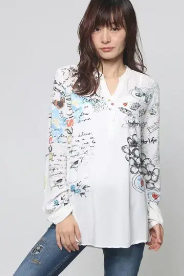 S 사이즈/Desigual / 프린트 긴팔 셔츠 화이트