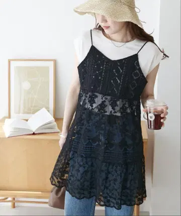 DISCOAT 이소재 레이스 사용 미니 원피스 블랙