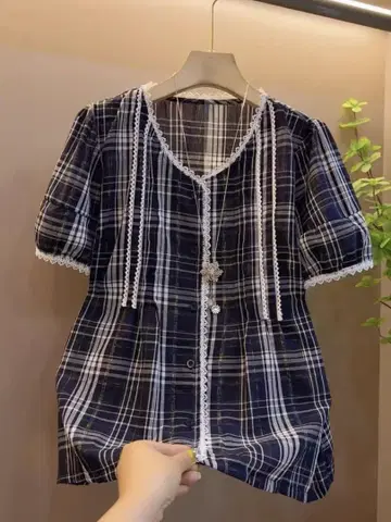 체크 무늬 반팔 셔츠 네이비