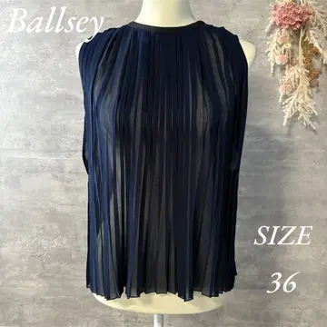 Ballsey 쉬폰 플리츠 블라우스 슬리브리스 네이비 실크 혼방 36